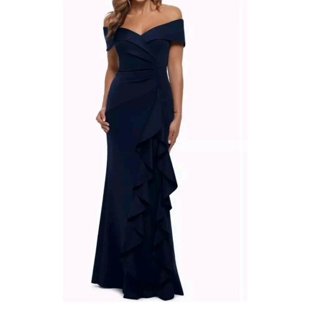 XSCAPE Women's Ruffle Off the Shoulder Scuba Knit Gown Midnight Blue Size 10 NWT